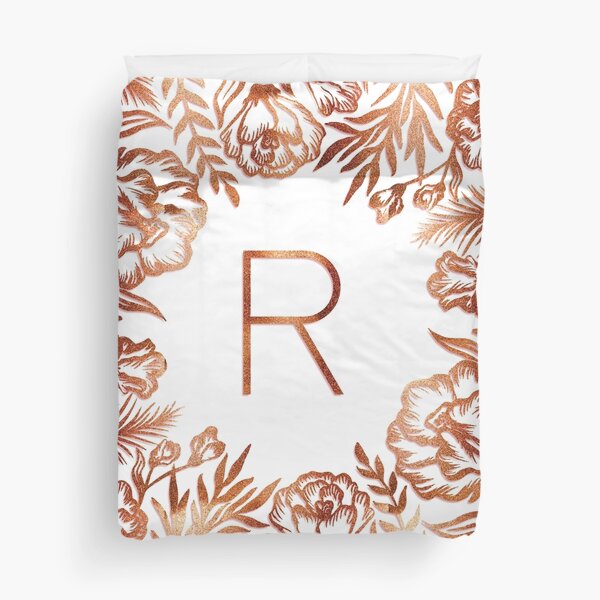 Initial R - Rose Gold Glitter Flowers Duvet Cover