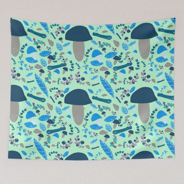 Item preview, Blue and green Fall vibes with mushrooms and leaves designed and sold by YrysMikoni.