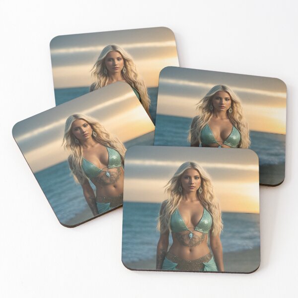 Item preview, Elegant fashion blonde woman with green nice dress in sunset beach designed and sold by Carlos Gudino.