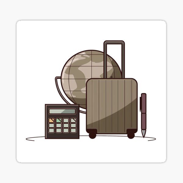 Global travel theme with math calculator and luggage Sticker