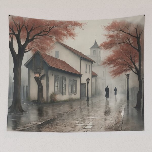 Item preview, Pintura de calle lluviosa de ciudad vintage designed and sold by TheRedPixels.