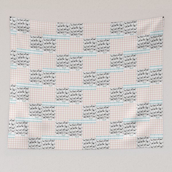 Item preview, Puppy Pugs Frenchies and a Sneaky Kitty Checkered Peachy Diamond Pattern designed and sold by LivingRoomZoo.