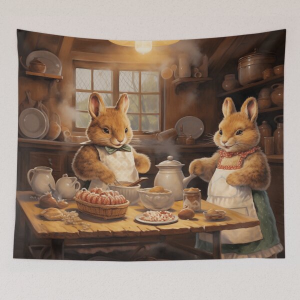 Item preview, Two rabbits are cooking at home designed and sold by WarmHeartedArt.