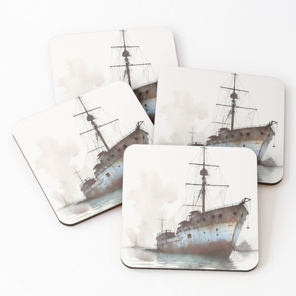 Item preview, Abandoned Ship near Ocean Watercolor Painting designed and sold by TheRedPixels.