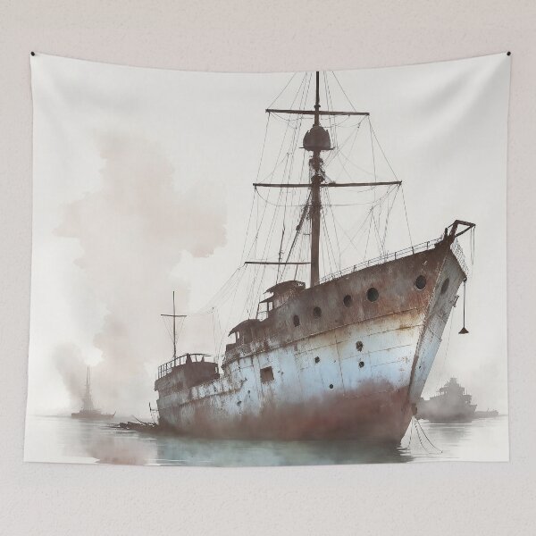 Item preview, Abandoned Ship near Ocean Watercolor Painting designed and sold by TheRedPixels.