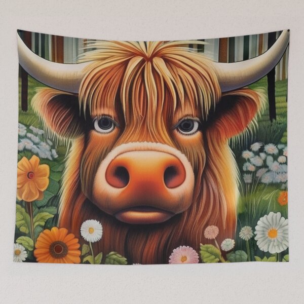 Item preview, Cute little fluffy highland cow among flowers in a spring meadow. designed and sold by SaraSumi.