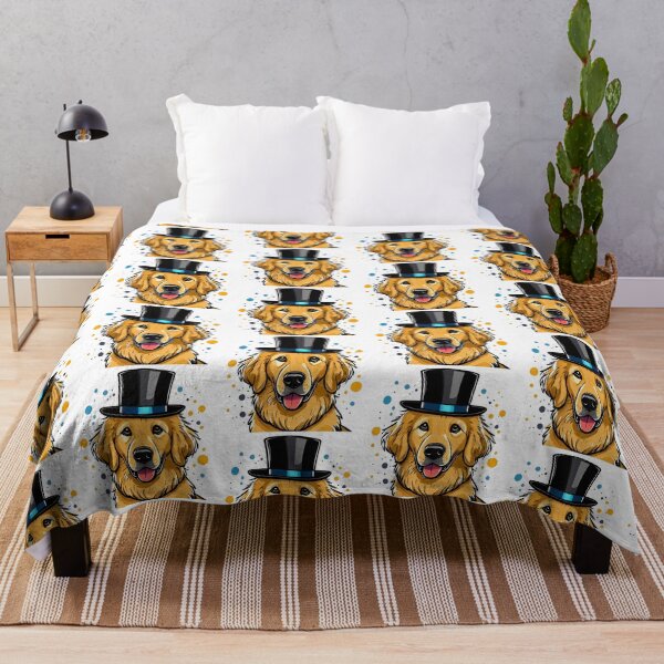 Item preview, happy smiling golden retriever dog cartoon wearing top hat with paint splats designed and sold by planetgolden.