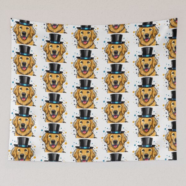 Item preview, happy smiling golden retriever dog cartoon wearing top hat with paint splats designed and sold by planetgolden.
