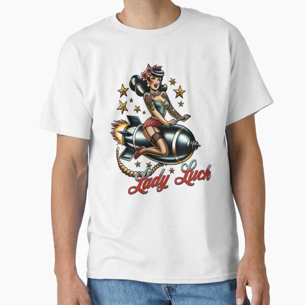 Item preview, Lady Luck vintage tattoo, nose art, lady riding bomb designed and sold by Bigsy-Art.