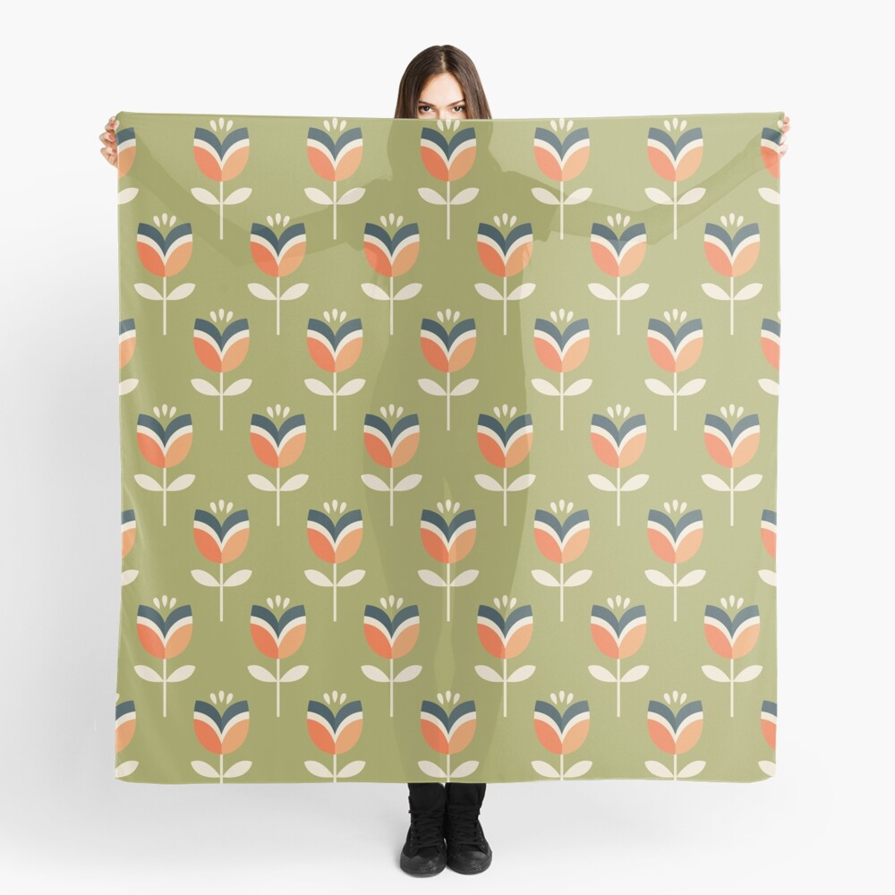 Retro Tulip - Orange and Olive Green Scarf