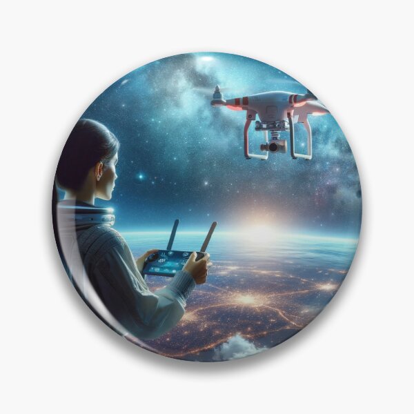 Item preview, Woman controlling a flying drone in space with a starry sky and planets in the background designed and sold by AndreaMart.