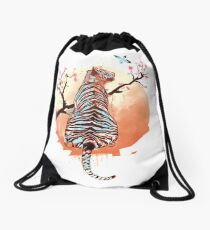 Tiger at the sakura's tree Drawstring Bag