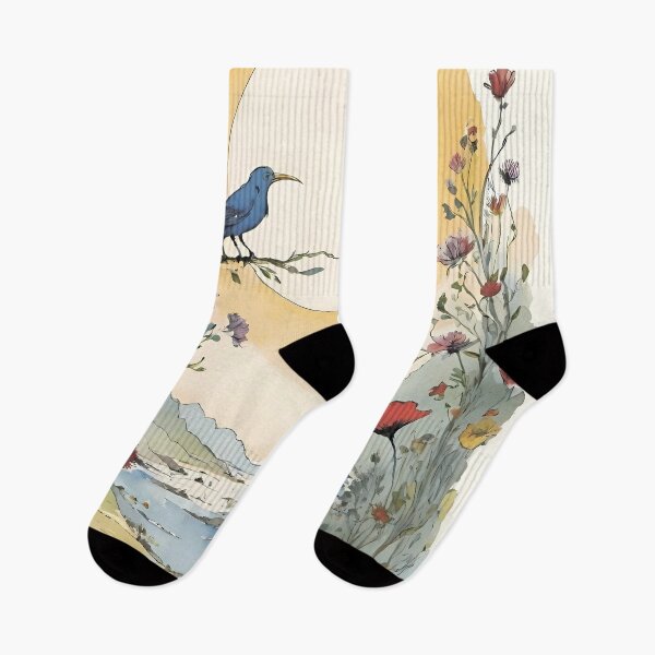 Item preview, Bird Sits on a Branch at Sunrise Among Flowers designed and sold by EirinDesign.