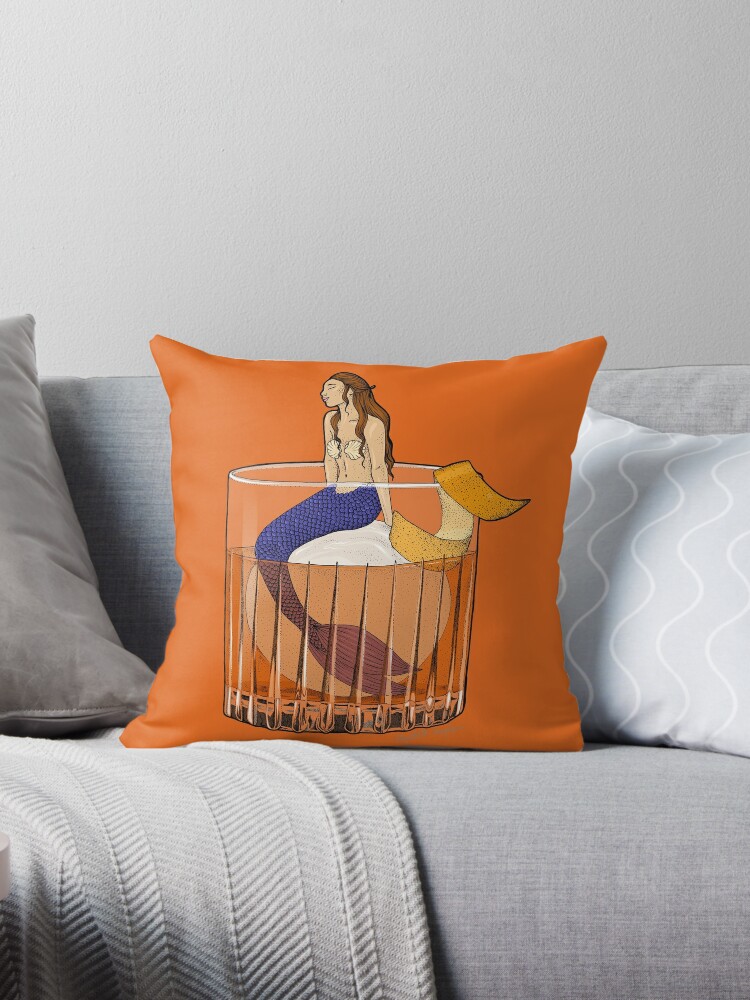 Throw Pillow, Old Fashioned Mermaid Cocktail Illustration designed and sold by Elizabeth Weglein