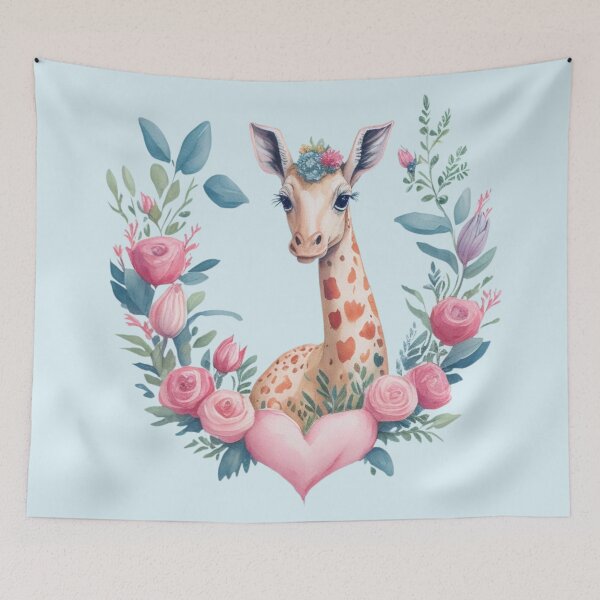 Item preview, Cute little giraffe with a pink heart among roses - small portrait in vintage style. designed and sold by SaraSumi.