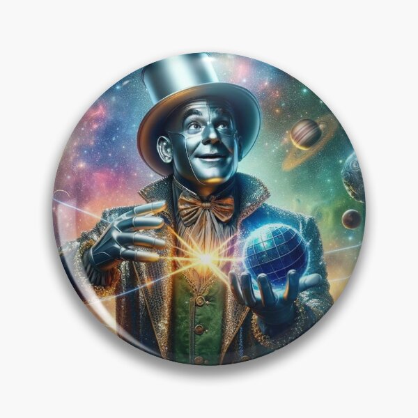 Item preview, A captivating scene of the Tin Man in a cosmic setting, surrounded by floating planets of various sizes and colors. He's skillfully juggling them, designed and sold by quantum X.