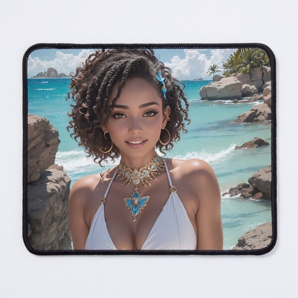 Item preview, Young afro woman in nice white swimsuit beach rocks summer style designed and sold by Carlos Gudino.