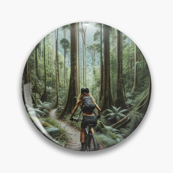 Item preview, Woman on a mountain bike riding through a wild rainforest jungle with tall trees designed and sold by AndreaMart.