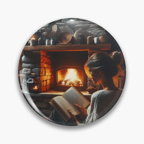 Item preview, Woman reading a book by a stone fireplace in a cozy mountain cabin designed and sold by AndreaMart.