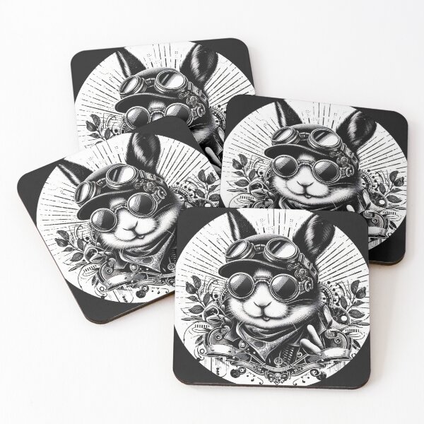 Item preview, black and white rabbit wearing a helmet and goggles, steampunk designed and sold by Mechanical-Artt.