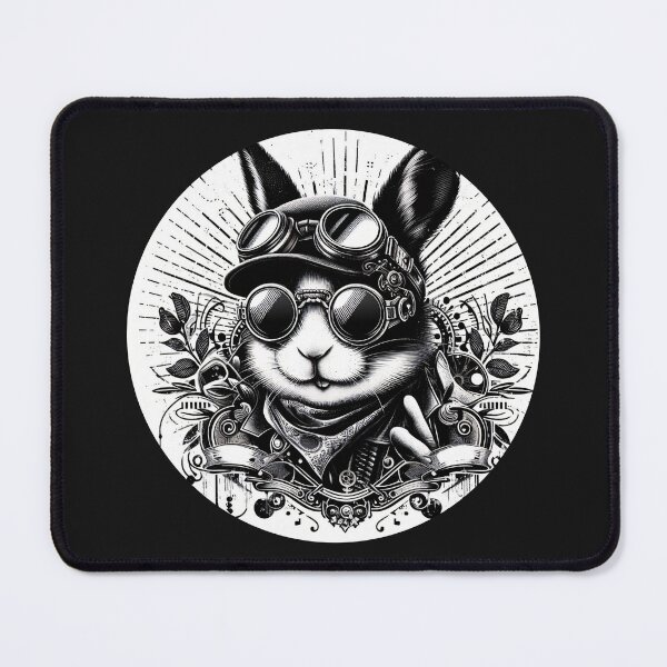 Item preview, black and white rabbit wearing a helmet and goggles, steampunk designed and sold by Mechanical-Artt.