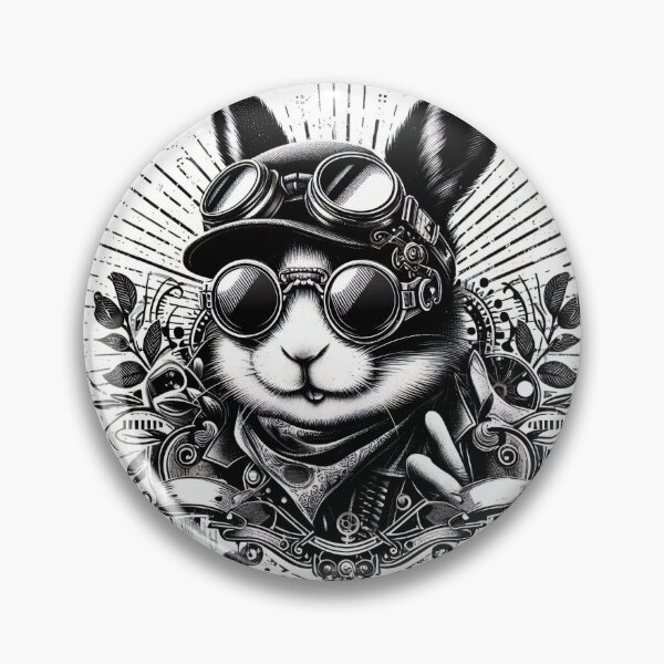 Item preview, black and white rabbit wearing a helmet and goggles, steampunk designed and sold by Mechanical-Artt.
