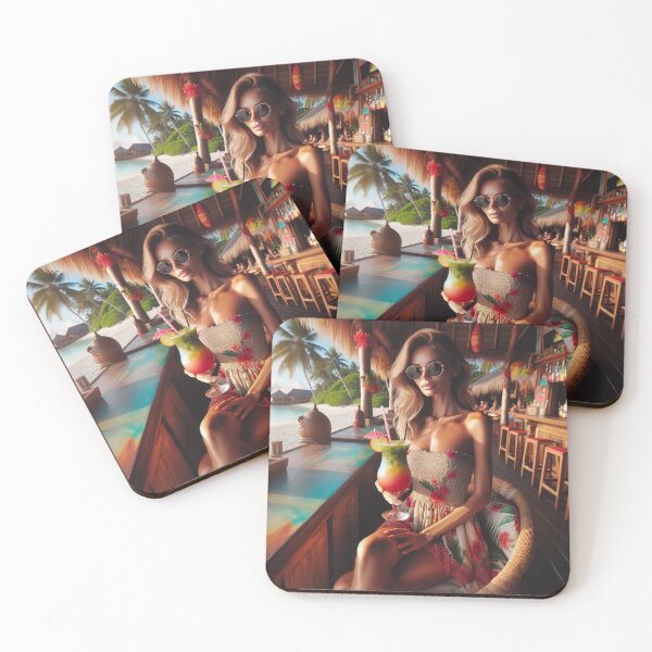 Item preview, Woman in sunglasses and a beach dress sitting in an exotic beach bar with a colorful cocktail in hand designed and sold by AndreaMart.