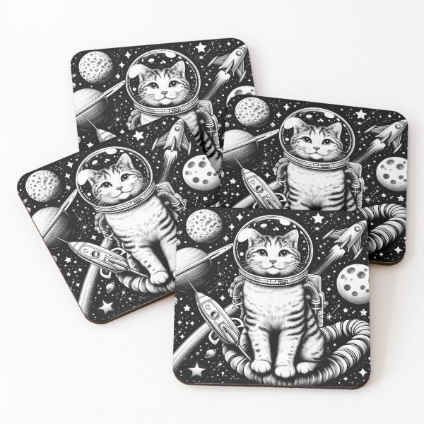 Item preview, black and white illustration of a cat in space designed and sold by meesub.