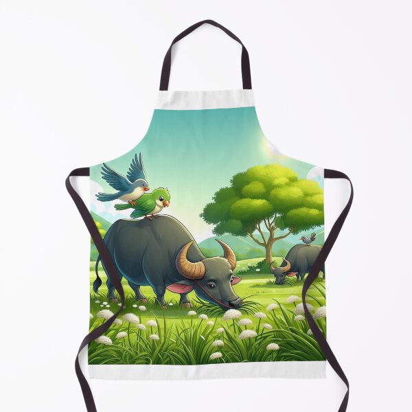 Item preview, illustration of a buffalo eating grass in a lush green field with two birds perched on its back designed and sold by meesub.