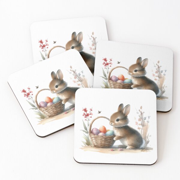 Item preview, " A brown baby rabbit holding a multicolored Easter egg basket." designed and sold by PaintMeWorld.