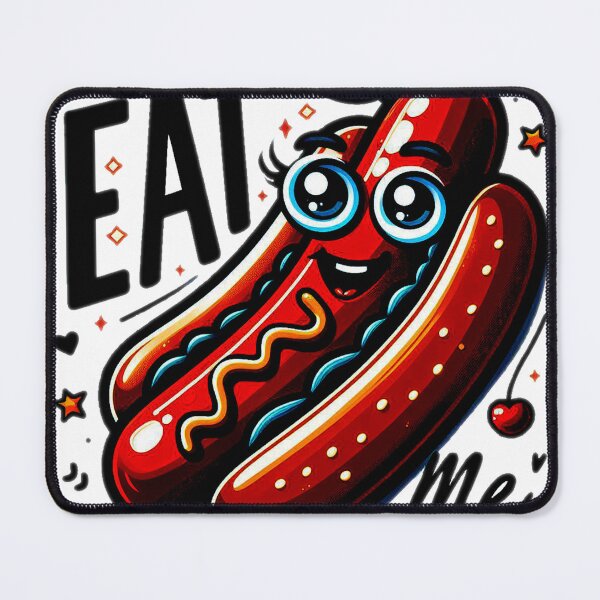 Item preview, smiling hotdog with attractive eyes and the phrase “eat me” in abstract illustration style designed and sold by meesub.