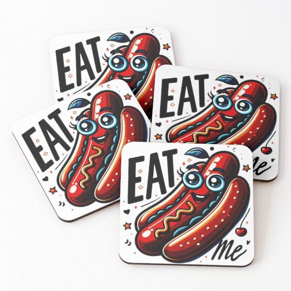 Item preview, smiling hotdog with attractive eyes and the phrase “eat me” in abstract illustration style designed and sold by meesub.