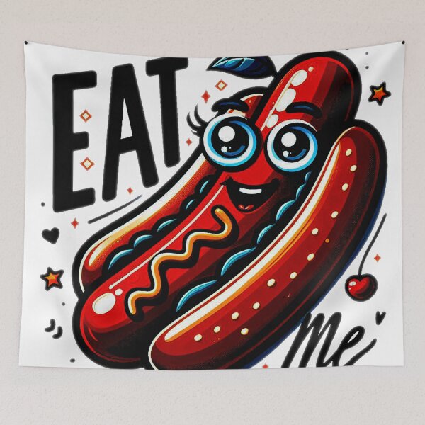 Item preview, smiling hotdog with attractive eyes and the phrase “eat me” in abstract illustration style designed and sold by meesub.