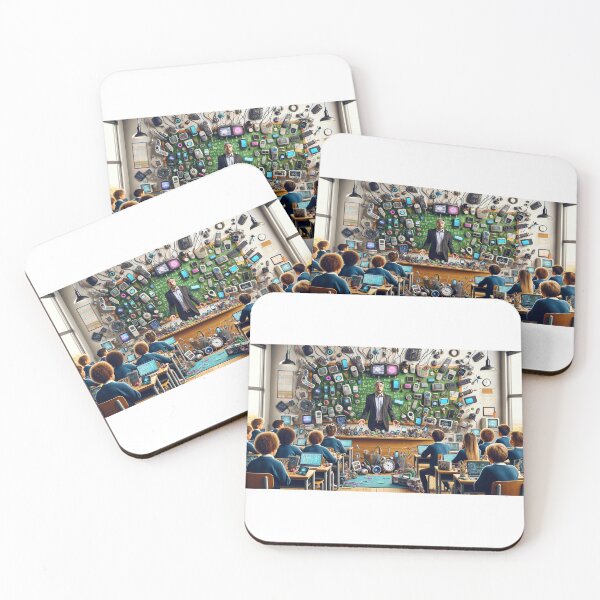 Artikelvorschau, - A photographic depiction of a teacher surrounded by a variety of educational gadgets and devices, looking overwhelmed, in a modern classroom.  entworfen und verkauft von quantum X.