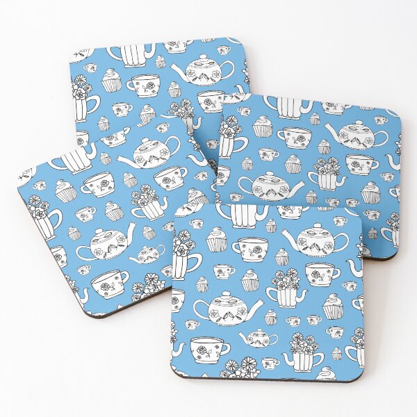 Item preview, vector blue background hand drawn garden tea party elements seamless pattern designed and sold by 137Lanternes.