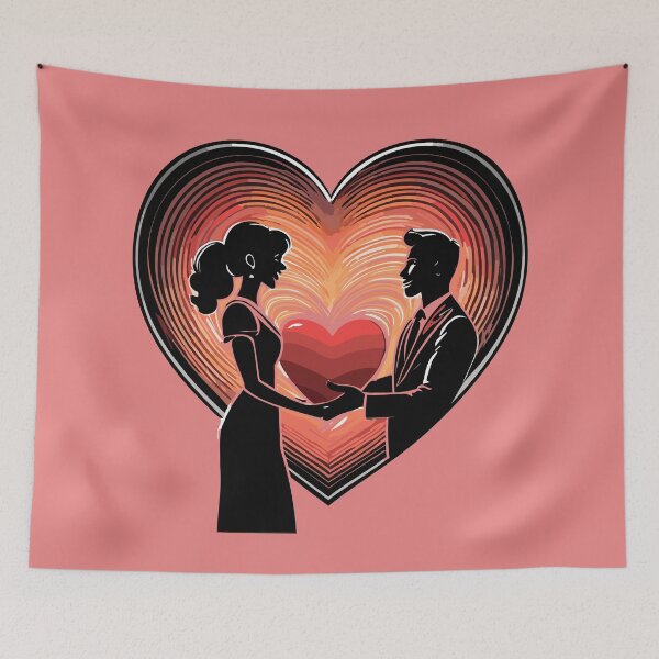 Item preview, woman presenting a giant heart to a man, woman pajama set designed and sold by Firas Aljazzar.