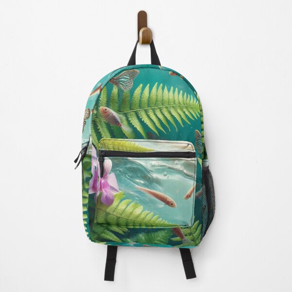 Item preview, scene of small fish in a light blue river, surrounded by butterflies on fern leaves and purple orchids designed and sold by meesub.