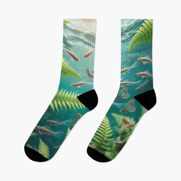 Item preview, scene of small fish in a light blue river, surrounded by butterflies on fern leaves and purple orchids designed and sold by meesub.