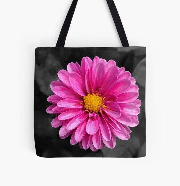 Bright pink flower with black background All Over Print Tote Bag