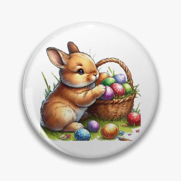 Item preview,  A baby rabbit is placing multicolored Easter eggs from a basket onto the green grass rolling them around playfully with its paws. designed and sold by PaintMeWorld.