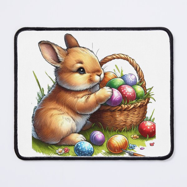 Item preview,  A baby rabbit is placing multicolored Easter eggs from a basket onto the green grass rolling them around playfully with its paws. designed and sold by PaintMeWorld.