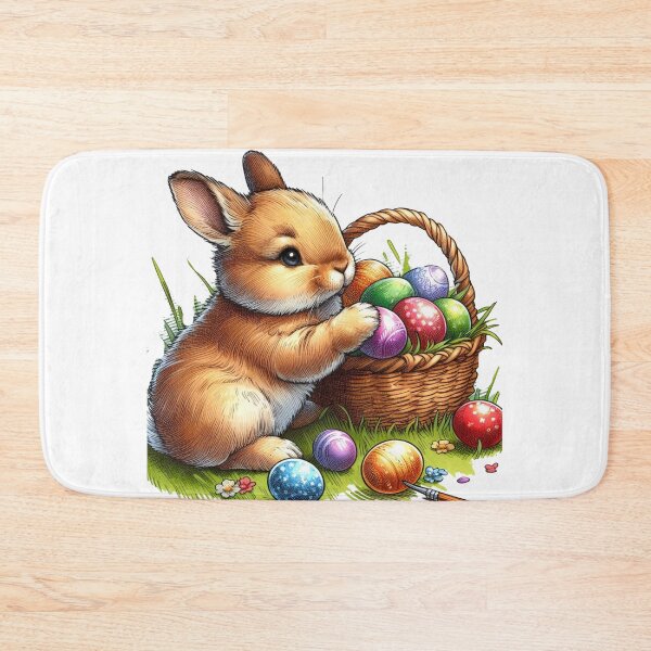 Item preview,  A baby rabbit is placing multicolored Easter eggs from a basket onto the green grass rolling them around playfully with its paws. designed and sold by PaintMeWorld.