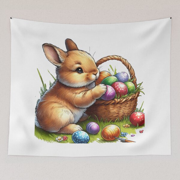 Item preview,  A baby rabbit is placing multicolored Easter eggs from a basket onto the green grass rolling them around playfully with its paws. designed and sold by PaintMeWorld.