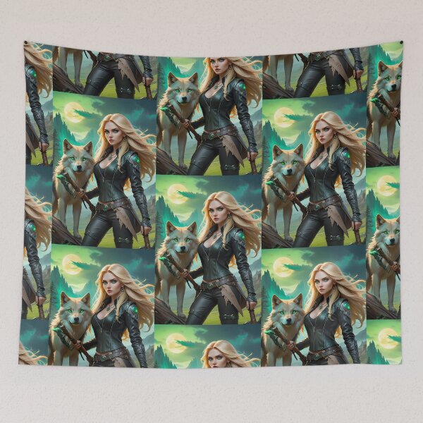 Item preview, Space Wizard Aurelia "The Golden One" & her Wolf Circe, fantasy art pic designed and sold by PineappleBlend.