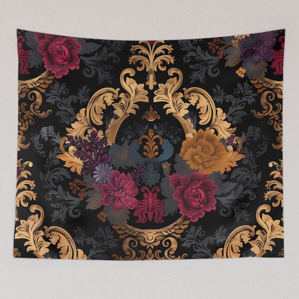 Item preview, Golden Baroque Elegance - Luxurious Floral Damask on Black Background designed and sold by David Balzen.