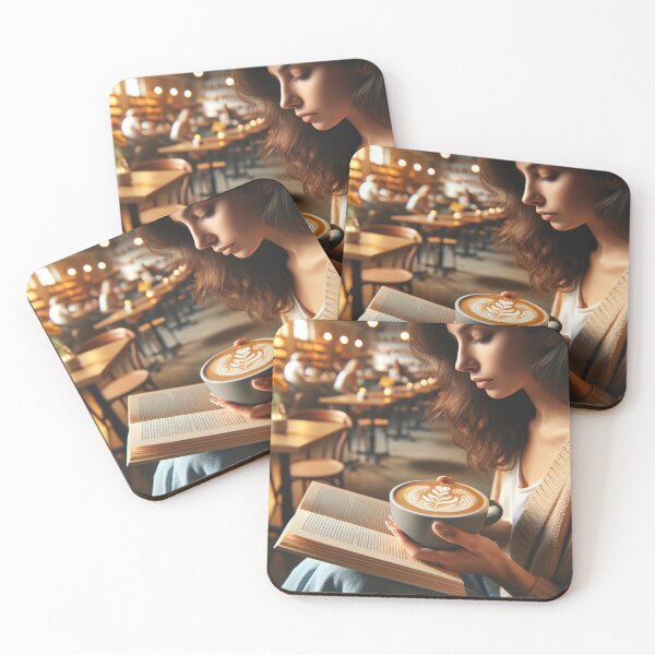 Item preview, Woman sitting in a cafe with a book in her hand, enjoying a creamy coffee with latte art designed and sold by AndreaMart.
