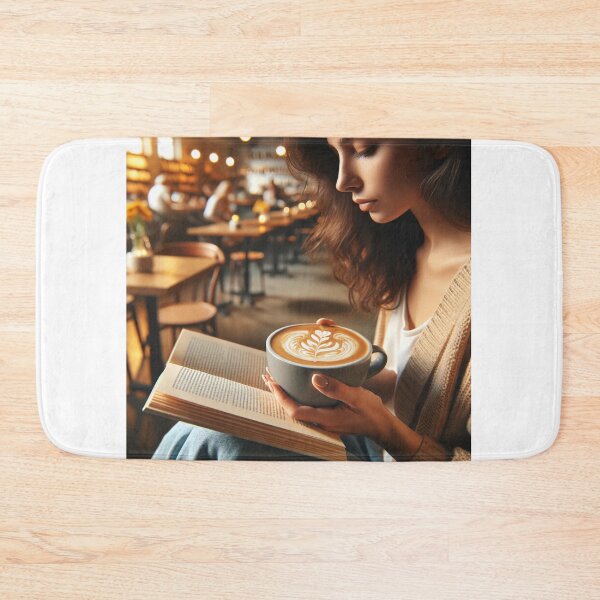 Item preview, Woman sitting in a cafe with a book in her hand, enjoying a creamy coffee with latte art designed and sold by AndreaMart.