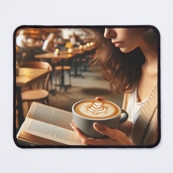 Item preview, Woman sitting in a cafe with a book in her hand, enjoying a creamy coffee with latte art designed and sold by AndreaMart.