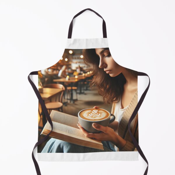 Item preview, Woman sitting in a cafe with a book in her hand, enjoying a creamy coffee with latte art designed and sold by AndreaMart.