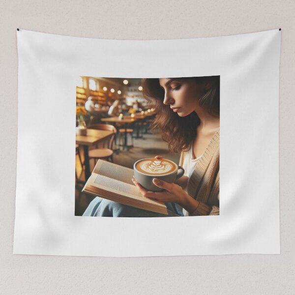Item preview, Woman sitting in a cafe with a book in her hand, enjoying a creamy coffee with latte art designed and sold by AndreaMart.